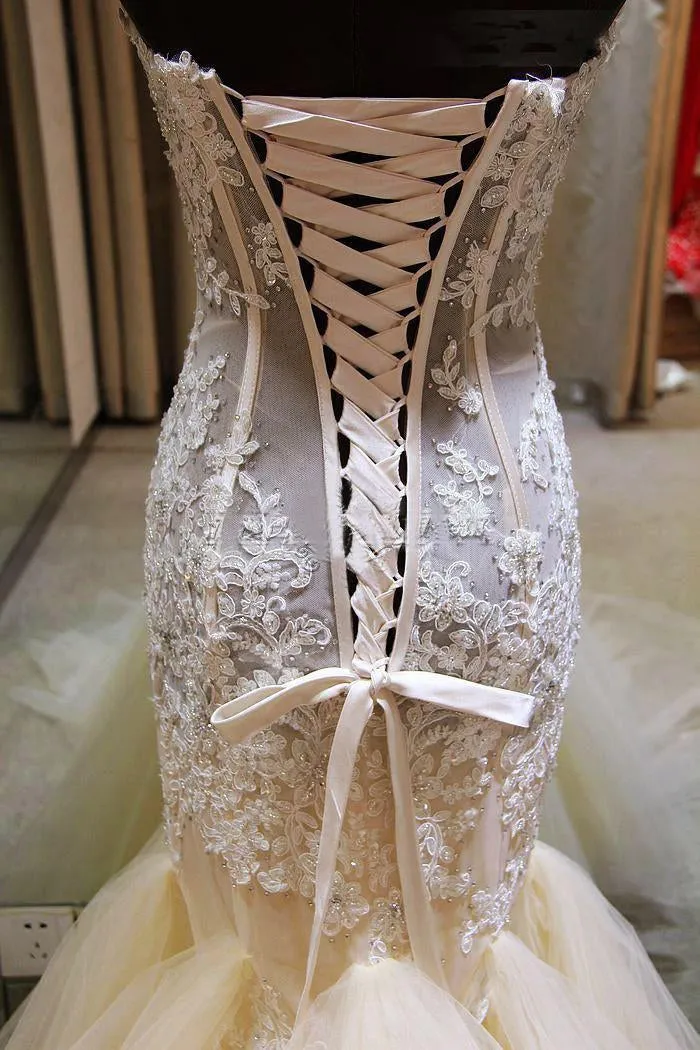 Sexy Sweetheart Lace Appliques Mermaid Wedding Dresses 2016 Tulle Floor Length-710899