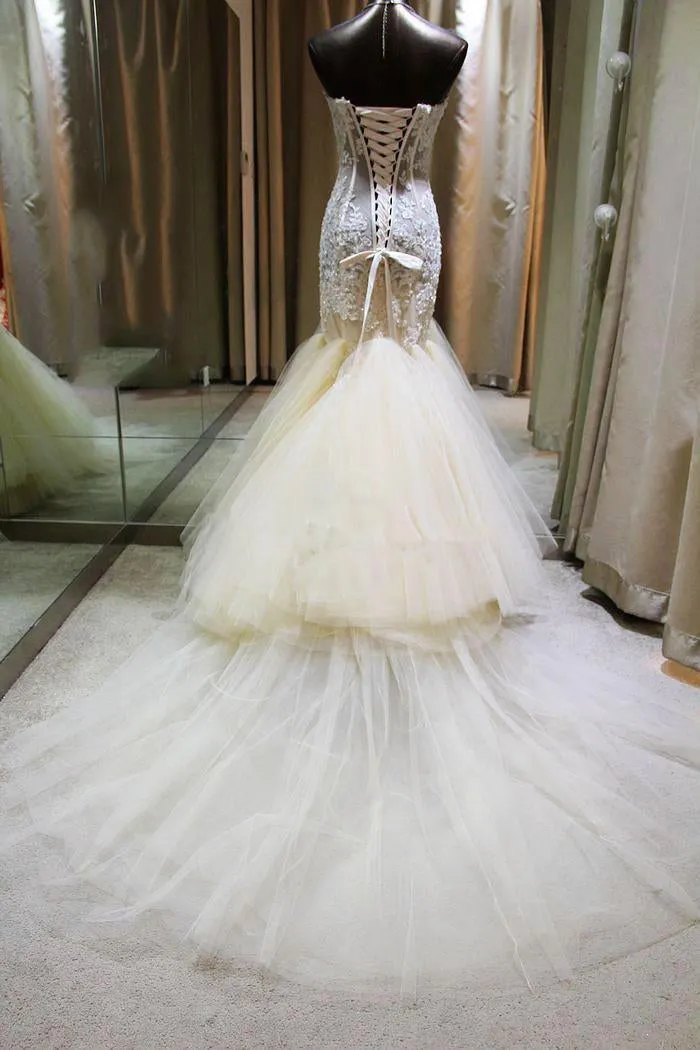 Sexy Sweetheart Lace Appliques Mermaid Wedding Dresses 2016 Tulle Floor Length-710899