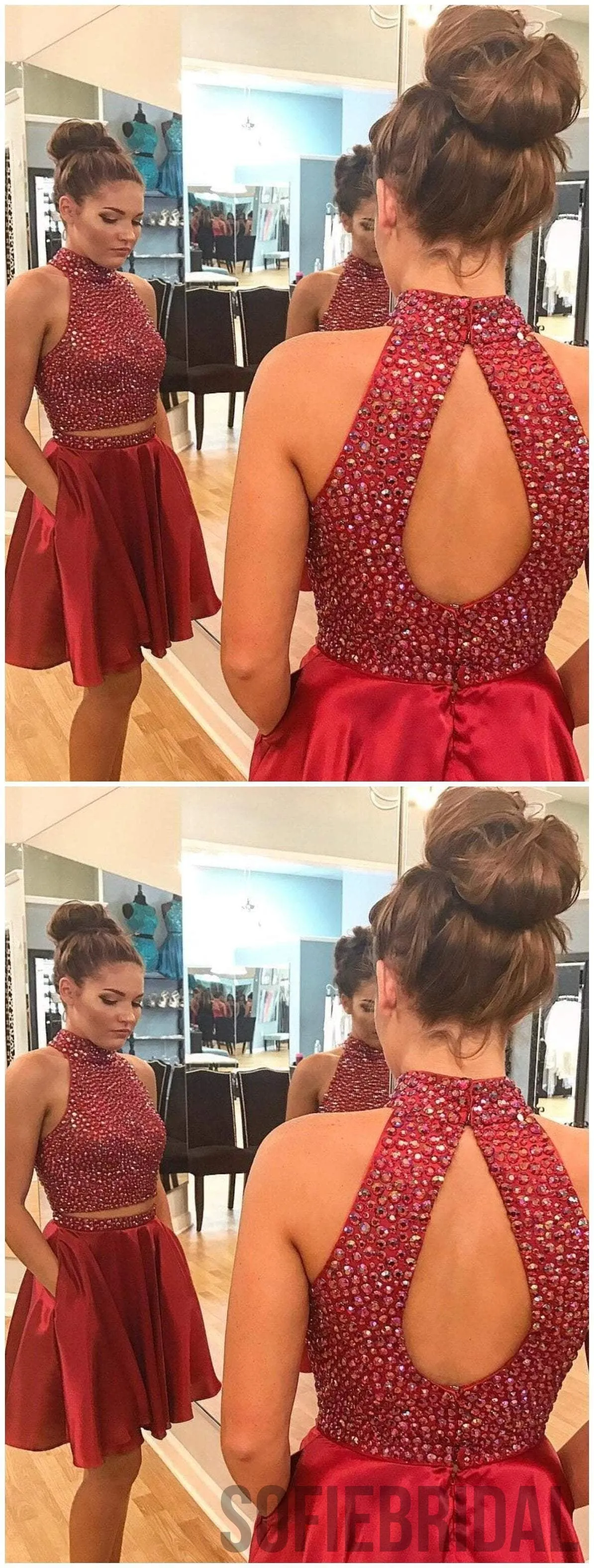 Sexy Two Piece Short Rhinestone Cute Red Homecoming Dresses 2018, CM484
