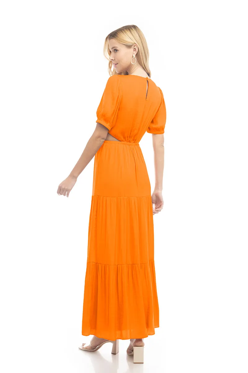 Short Balloon Sleeve Side Cut Out Maxi Dress