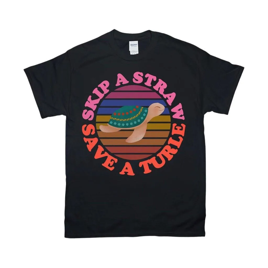 Skip A Straw Save A Turtle | Retro Sunset T-Shirts, Nature lover Tee, Eco Ocean, Environmental Activist Shirt, Love Turtle Shirt