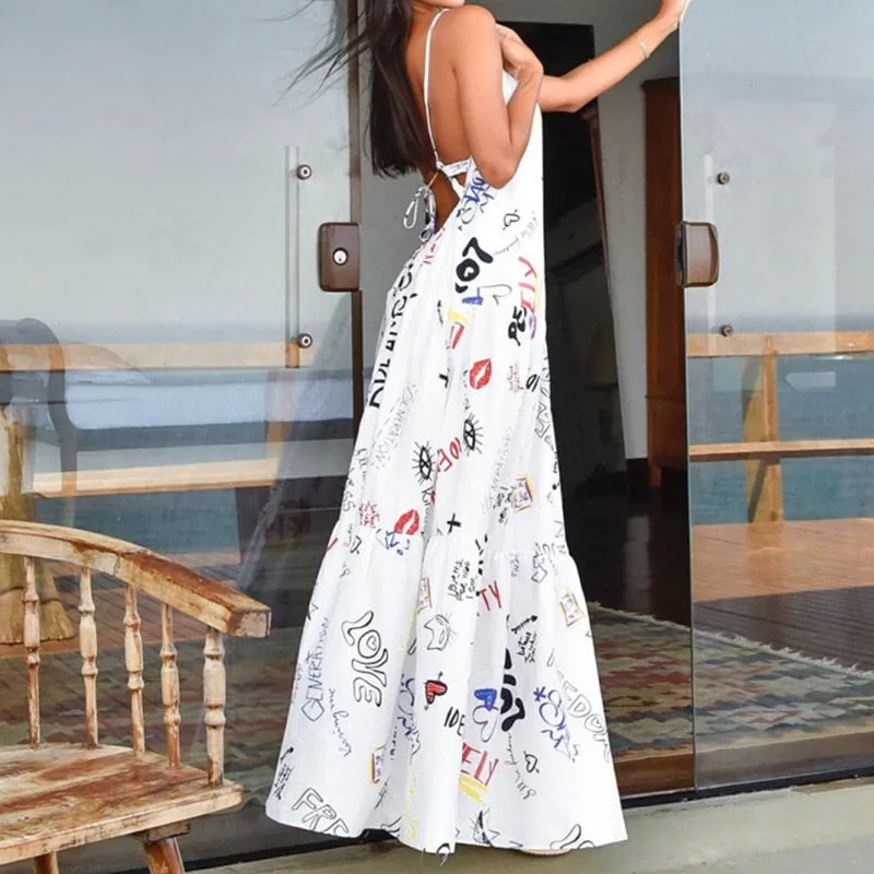 Sleeveless Backless Printed Spaghetti Strap Maxi Sexy Long  Dress