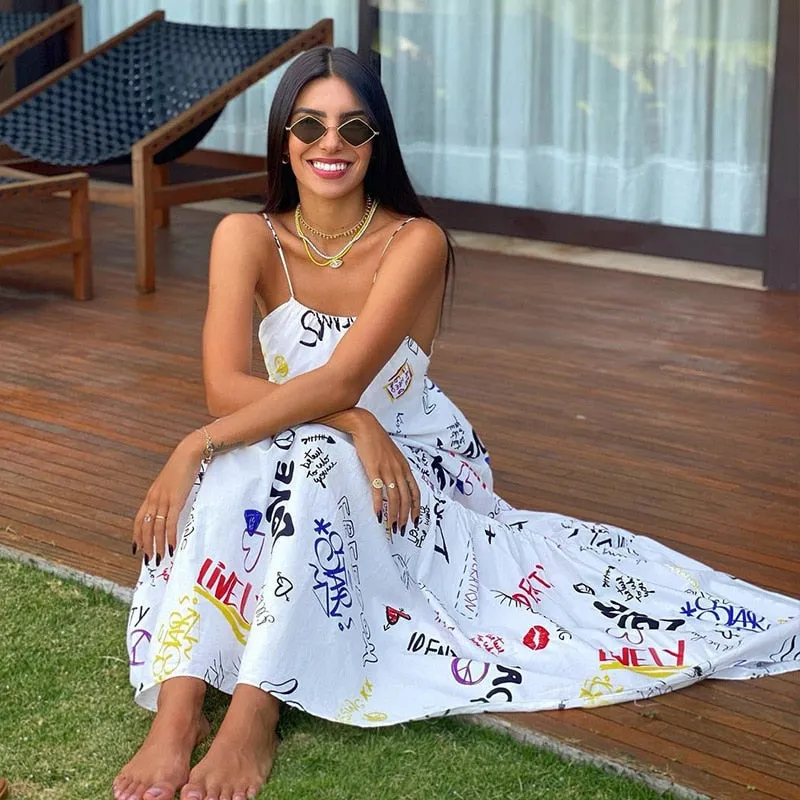 Sleeveless Backless Printed Spaghetti Strap Maxi Sexy Long  Dress