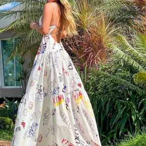 Sleeveless Backless Printed Spaghetti Strap Maxi Sexy Long  Dress