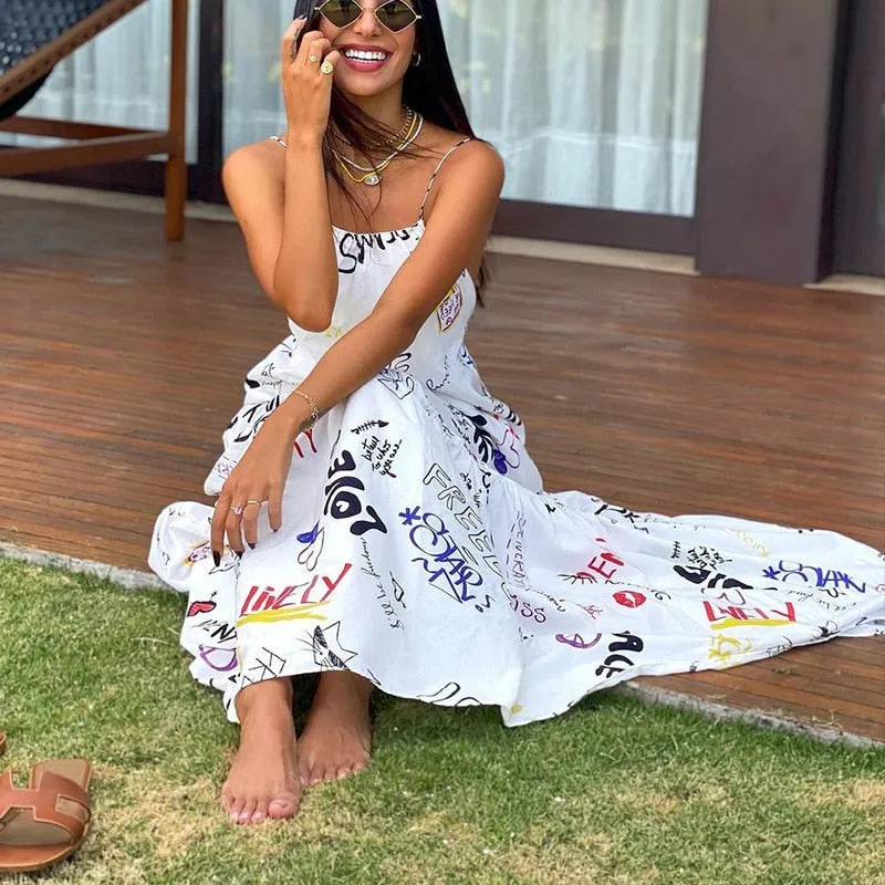 Sleeveless Backless Printed Spaghetti Strap Maxi Sexy Long  Dress