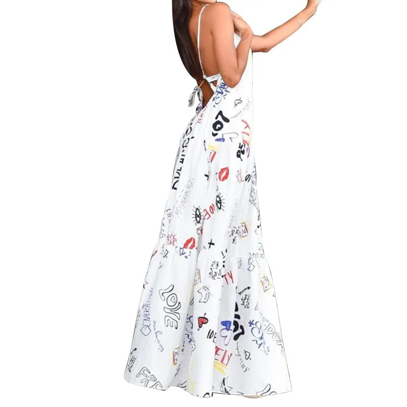 Sleeveless Backless Printed Spaghetti Strap Maxi Sexy Long  Dress