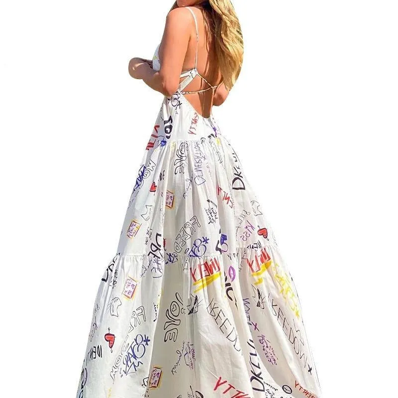 Sleeveless Backless Printed Spaghetti Strap Maxi Sexy Long  Dress