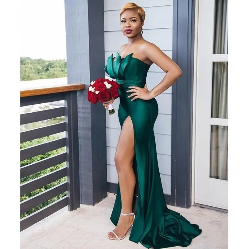 Sleeveless Floor Length Sweep Train Side Slit Silk Satin Dress
