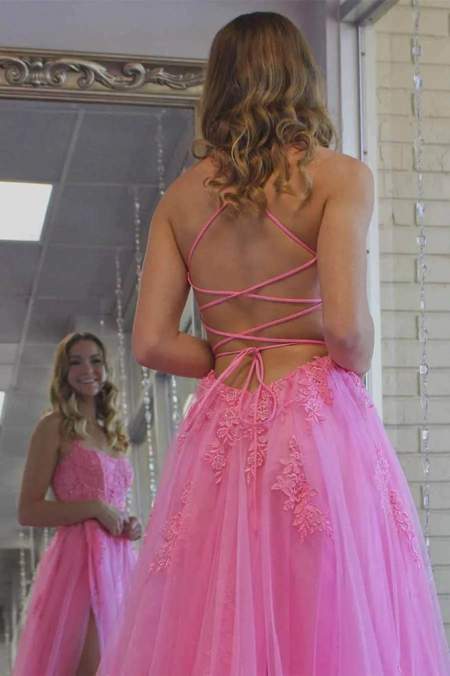 Spaghetti Straps Blue/Mint Green/Yellow/Pink Backless Lace Long Prom Dresses With Leg Slit, Long Backless  Lace Formal Evening Dresses