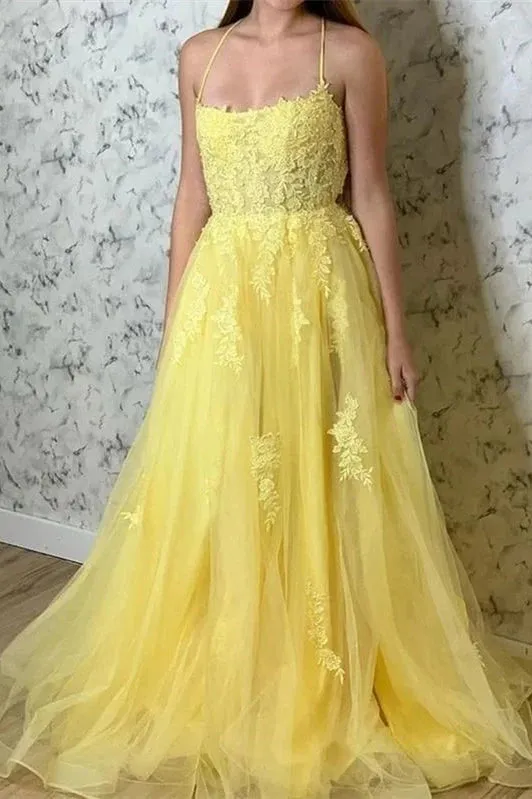 Spaghetti Straps Blue/Mint Green/Yellow/Pink Backless Lace Long Prom Dresses With Leg Slit, Long Backless  Lace Formal Evening Dresses