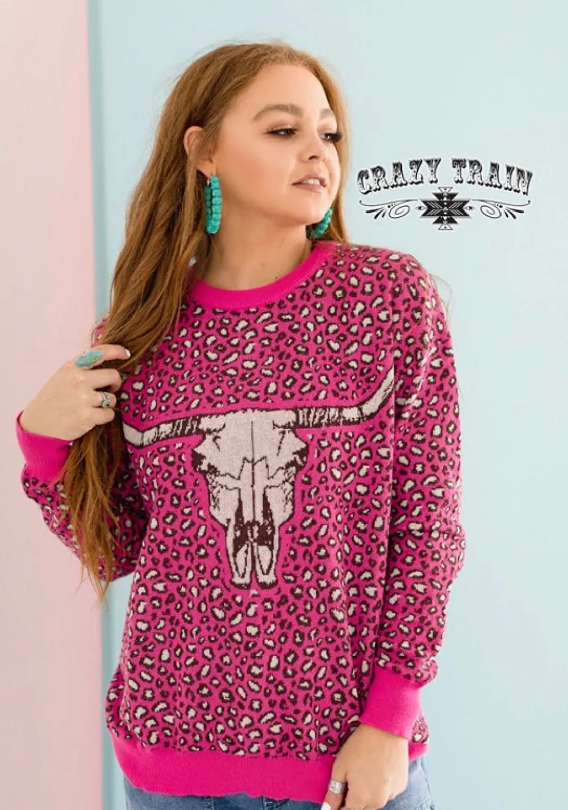 Steer Skull Pink Leopard Western Hot Head Crazy Train Sweater