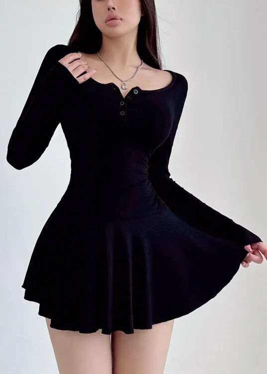 Style Black Square Collar Knit Mid Dresses Spring