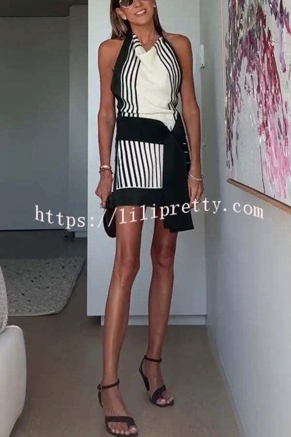 Summer Event? Striped Beads Cowl Neck Backless Tie-up Mini Dress