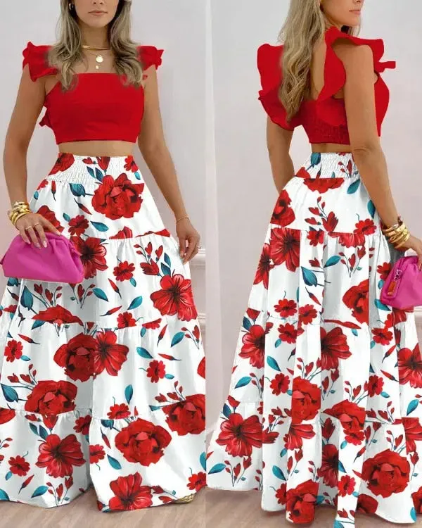 Summer Female Hot Style Ruffled Suspenders Pleated Back Crop Top and Long Skirt Solid Color Two-piece Set Women 2022 Fashion