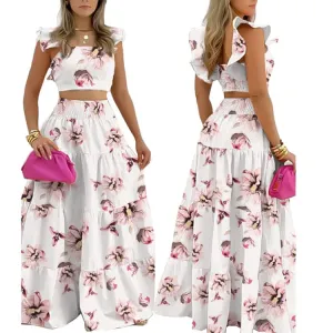 Summer Female Hot Style Ruffled Suspenders Pleated Back Crop Top and Long Skirt Solid Color Two-piece Set Women 2022 Fashion