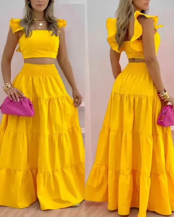 Summer Female Hot Style Ruffled Suspenders Pleated Back Crop Top and Long Skirt Solid Color Two-piece Set Women 2022 Fashion