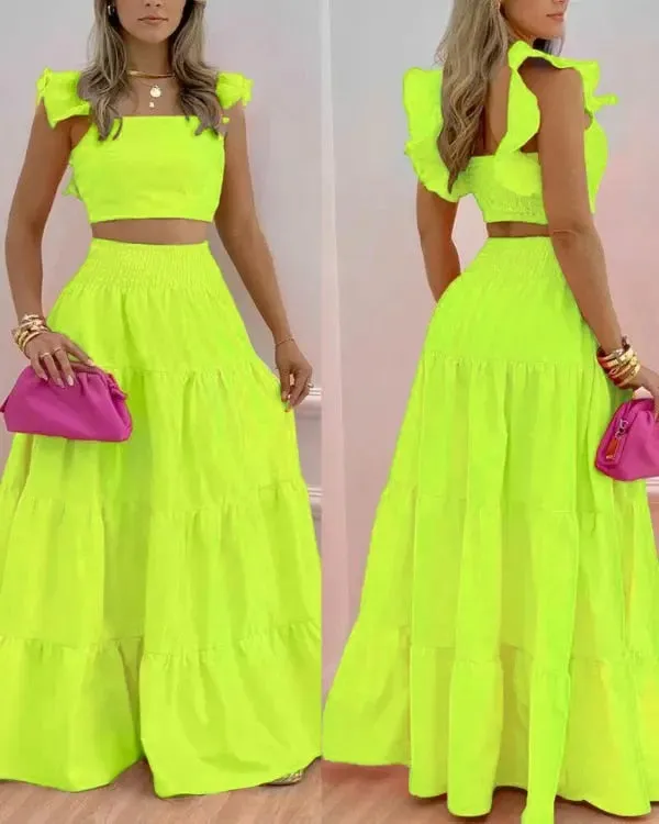 Summer Female Hot Style Ruffled Suspenders Pleated Back Crop Top and Long Skirt Solid Color Two-piece Set Women 2022 Fashion