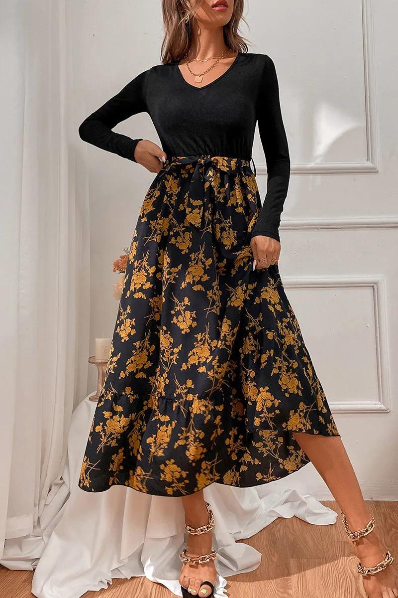 Sweet Elegant Print With Belt V Neck A Line Dresses