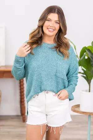 Teal Melange Sweater With Pocket