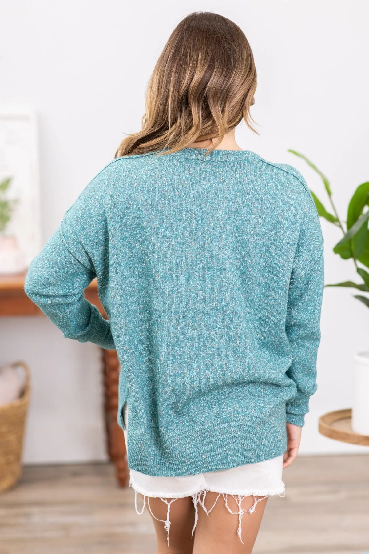Teal Melange Sweater With Pocket