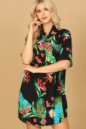 TROPICAL HALF SLEEVE BUTTON DOWN DRESS