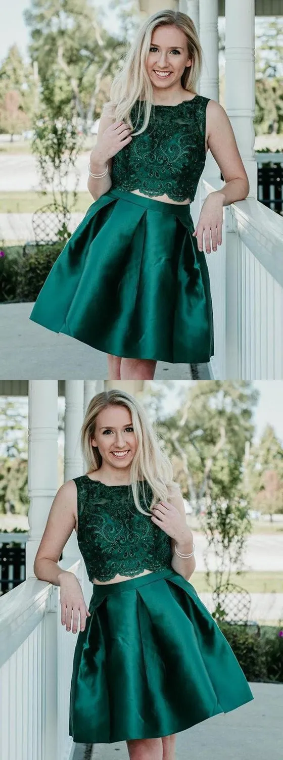 Two Pieces Beading Sleeveless Green Lace Appliques Short Homecoming Dresses, TYP1110