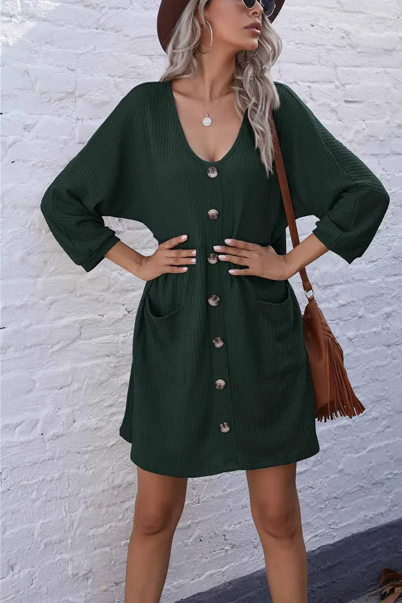 V-Neck Buttoned Loose Knit Hem Mini Dresses