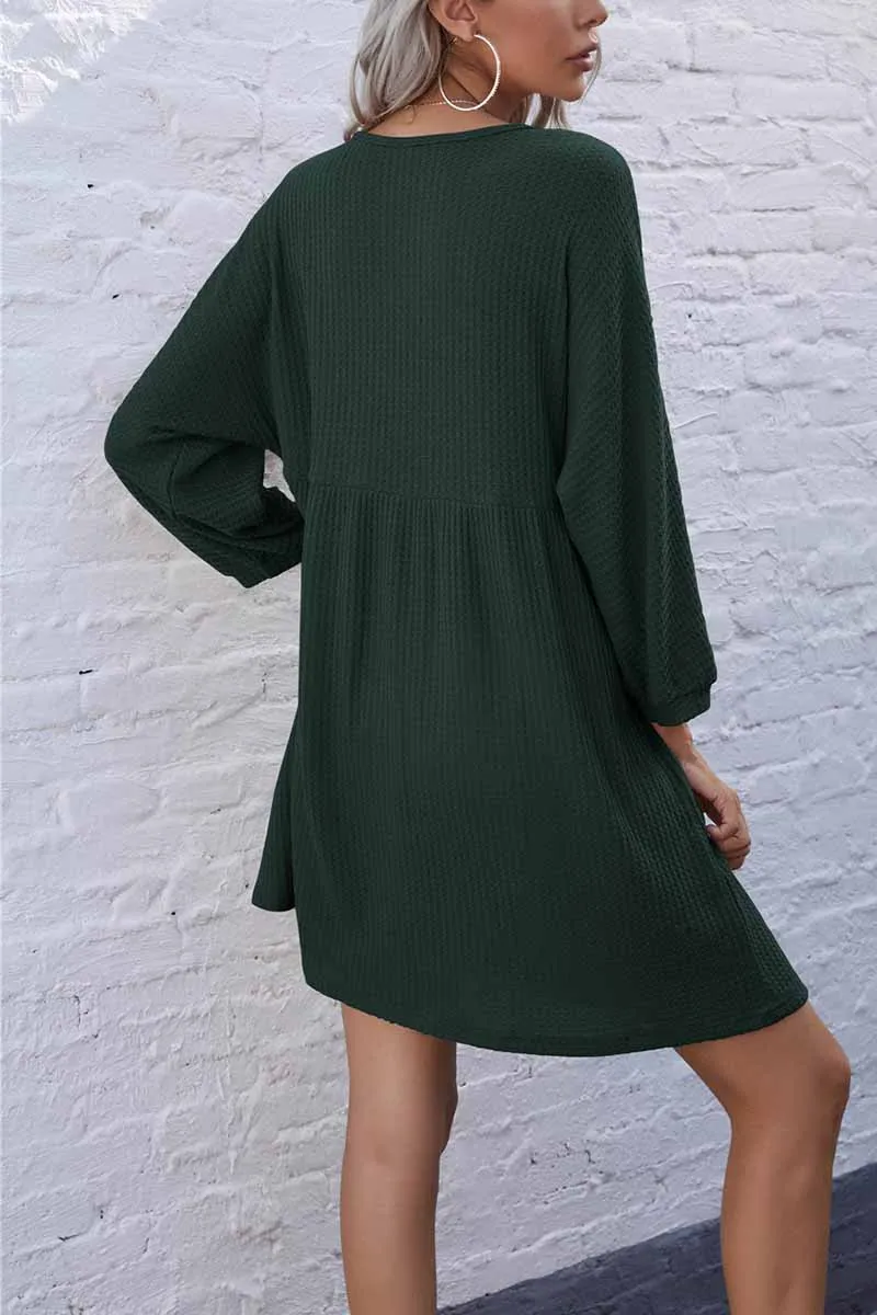 V-Neck Buttoned Loose Knit Hem Mini Dresses