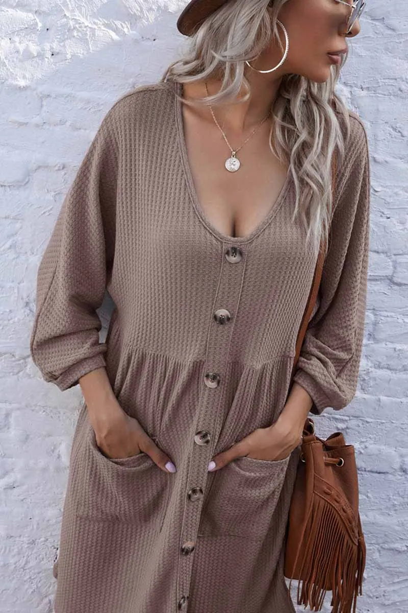 V-Neck Buttoned Loose Knit Hem Mini Dresses