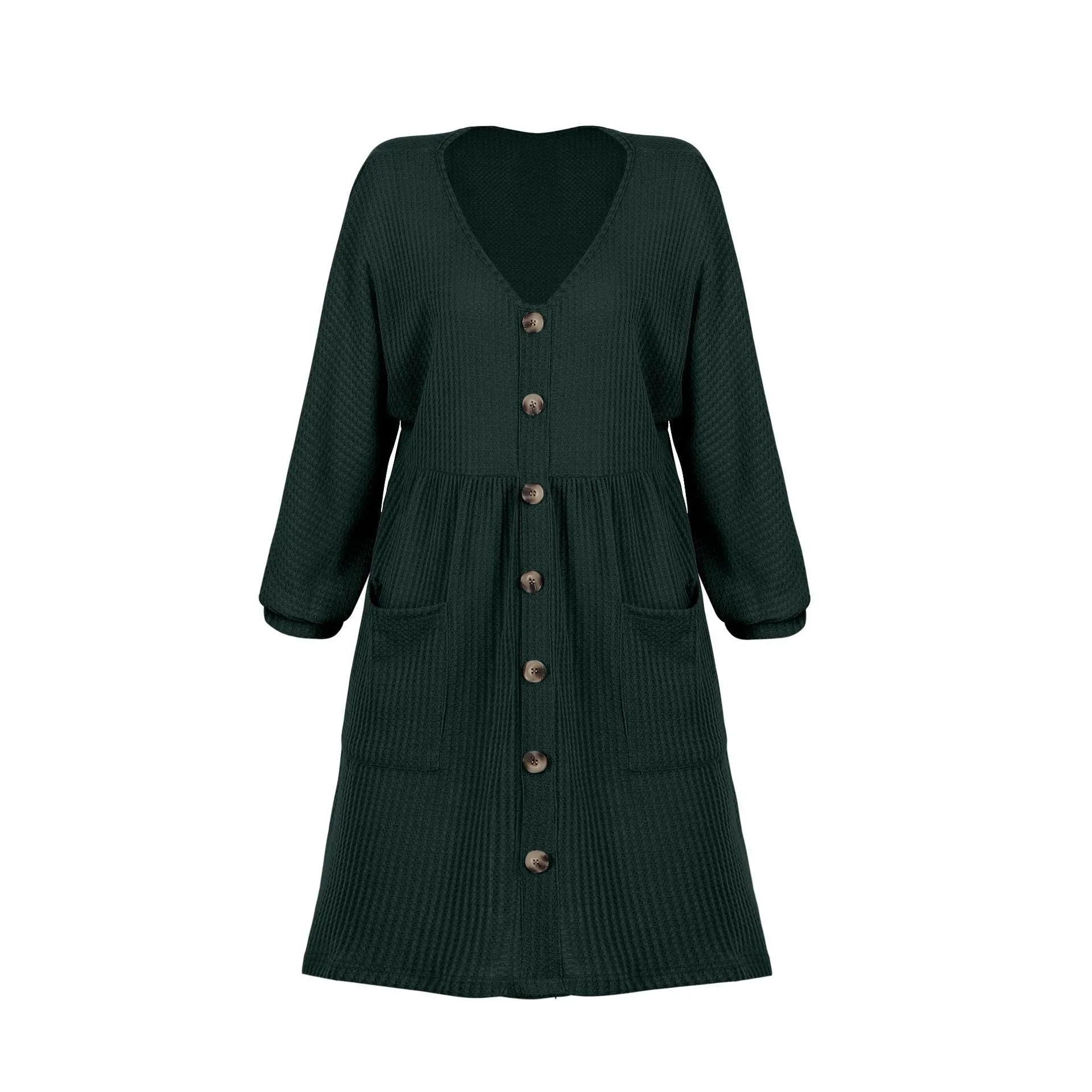 V-Neck Buttoned Loose Knit Hem Mini Dresses