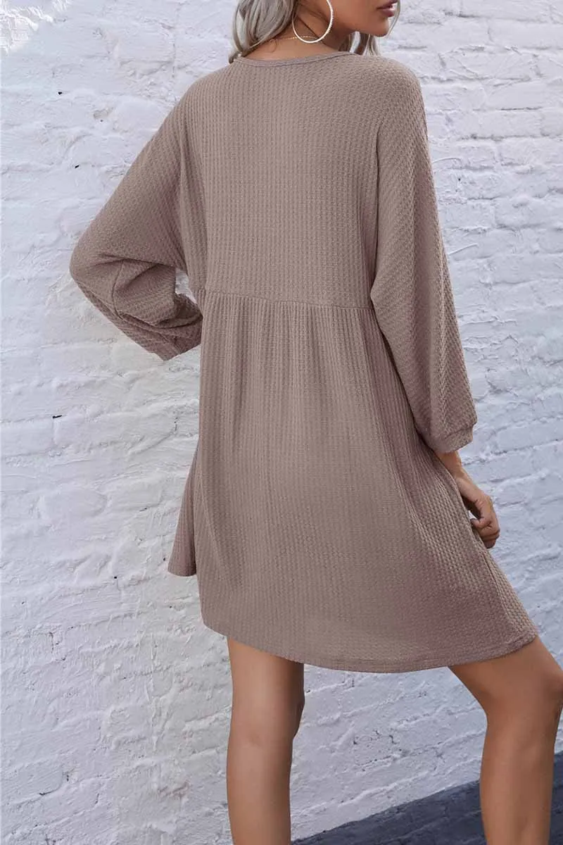 V-Neck Buttoned Loose Knit Hem Mini Dresses
