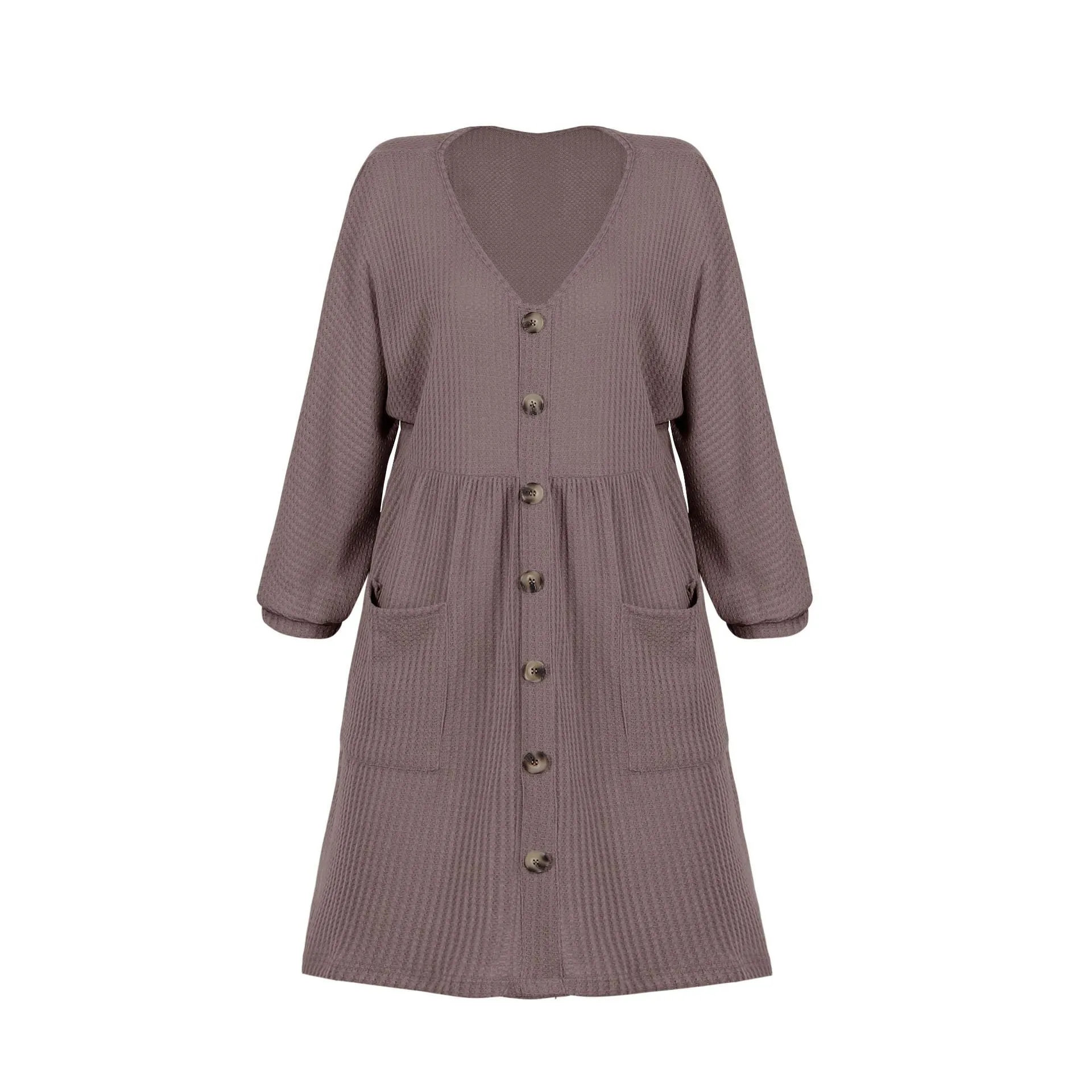 V-Neck Buttoned Loose Knit Hem Mini Dresses