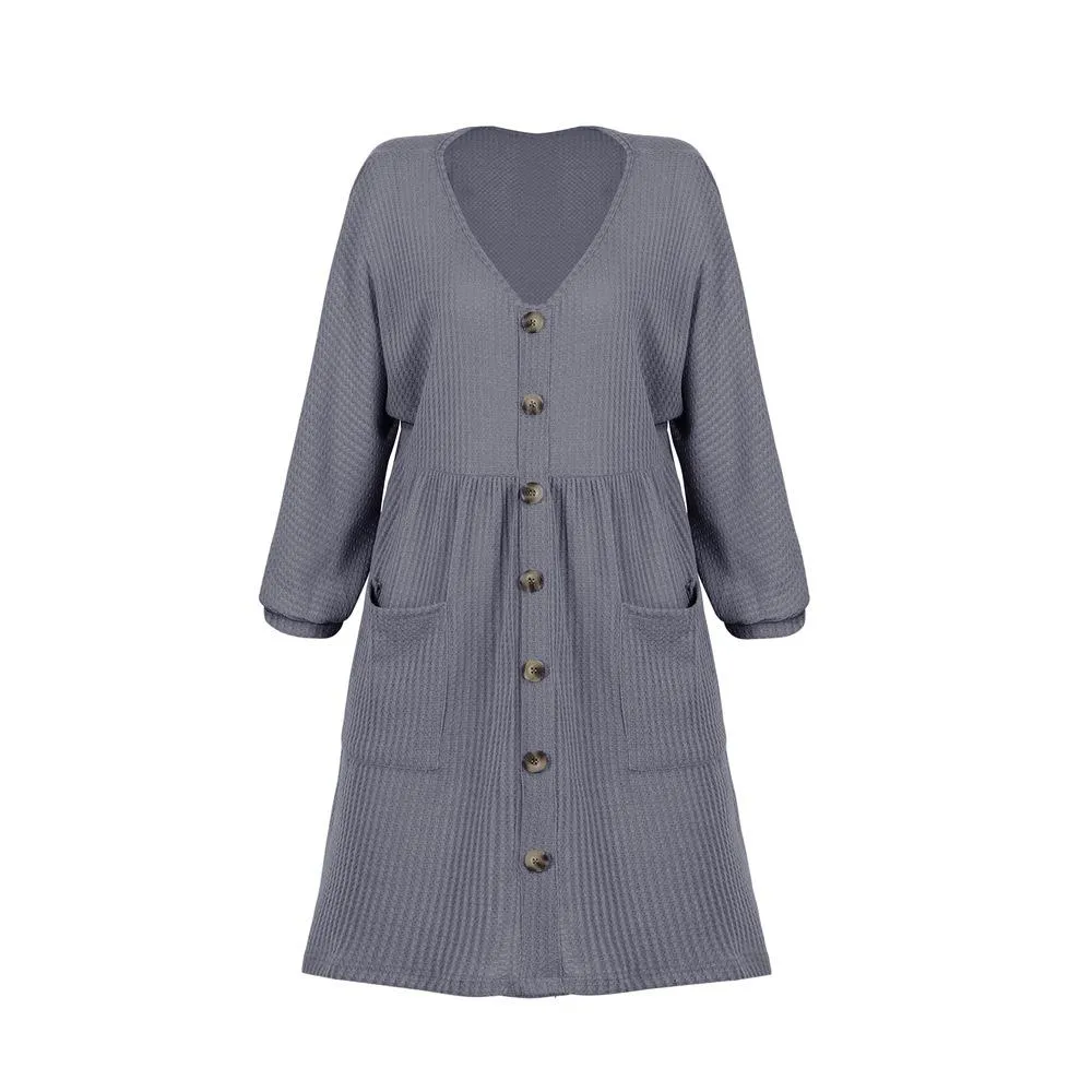 V-Neck Buttoned Loose Knit Hem Mini Dresses