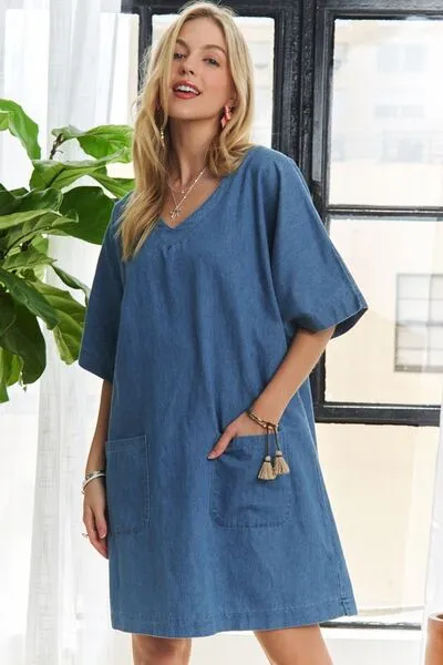 V-Neck Mini Denim Dress