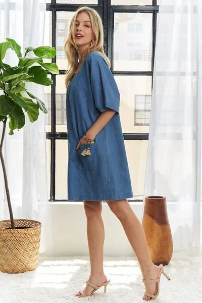 V-Neck Mini Denim Dress