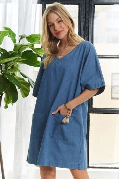 V-Neck Mini Denim Dress