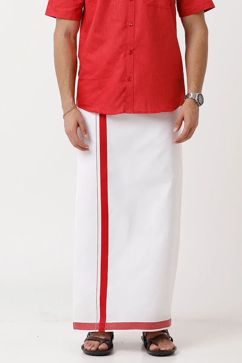 Varna - Cherry Red Single Layered Fancy Border Pocket Dhoti For Men | Uathayam