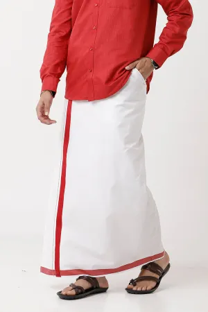Varna - Cherry Red Single Layered Fancy Border Pocket Dhoti For Men | Uathayam