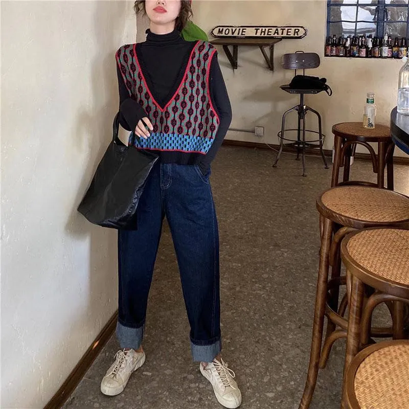Vintage Casual Sleeveless V-Neck Knitted Sweaters Vest Female Loose Sweater Harajuku Pullover