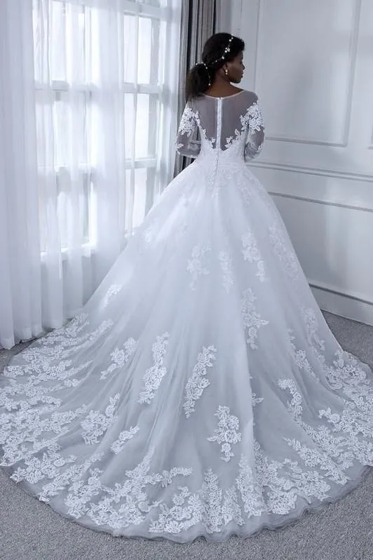 Vintage Lace White Wedding Dress with Illusion Sleeves