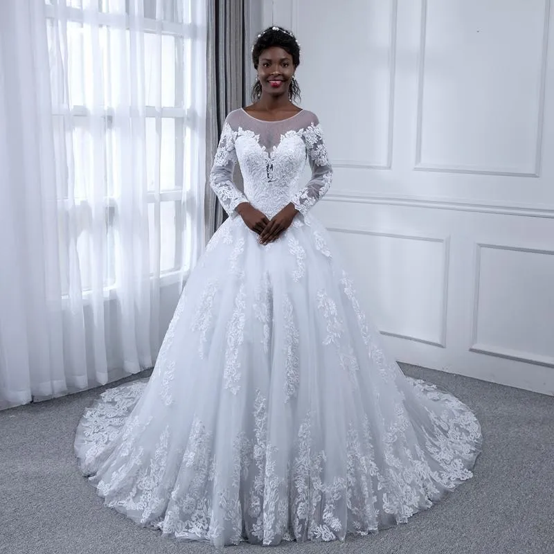 Vintage Lace White Wedding Dress with Illusion Sleeves