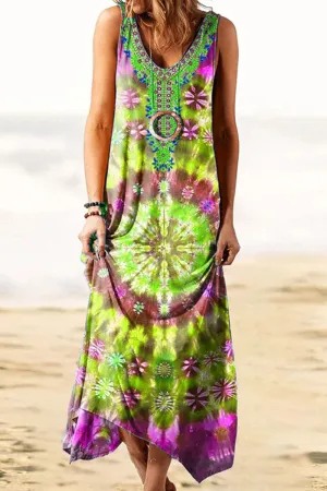 Vintage Print Patchwork O Neck Irregular Dresses(4 Colors)