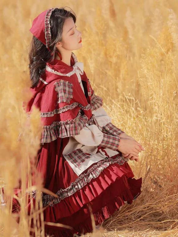 Vintage Red Riding Hood Inspired Classic Lolita Dress with Plaid Accents