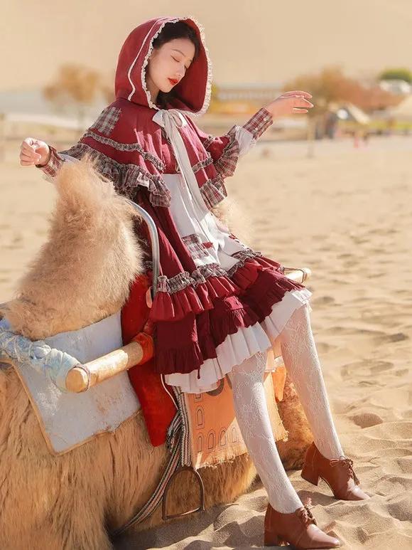 Vintage Red Riding Hood Inspired Classic Lolita Dress with Plaid Accents