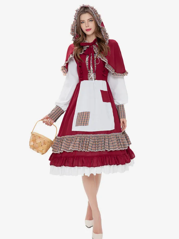 Vintage Red Riding Hood Inspired Classic Lolita Dress with Plaid Accents