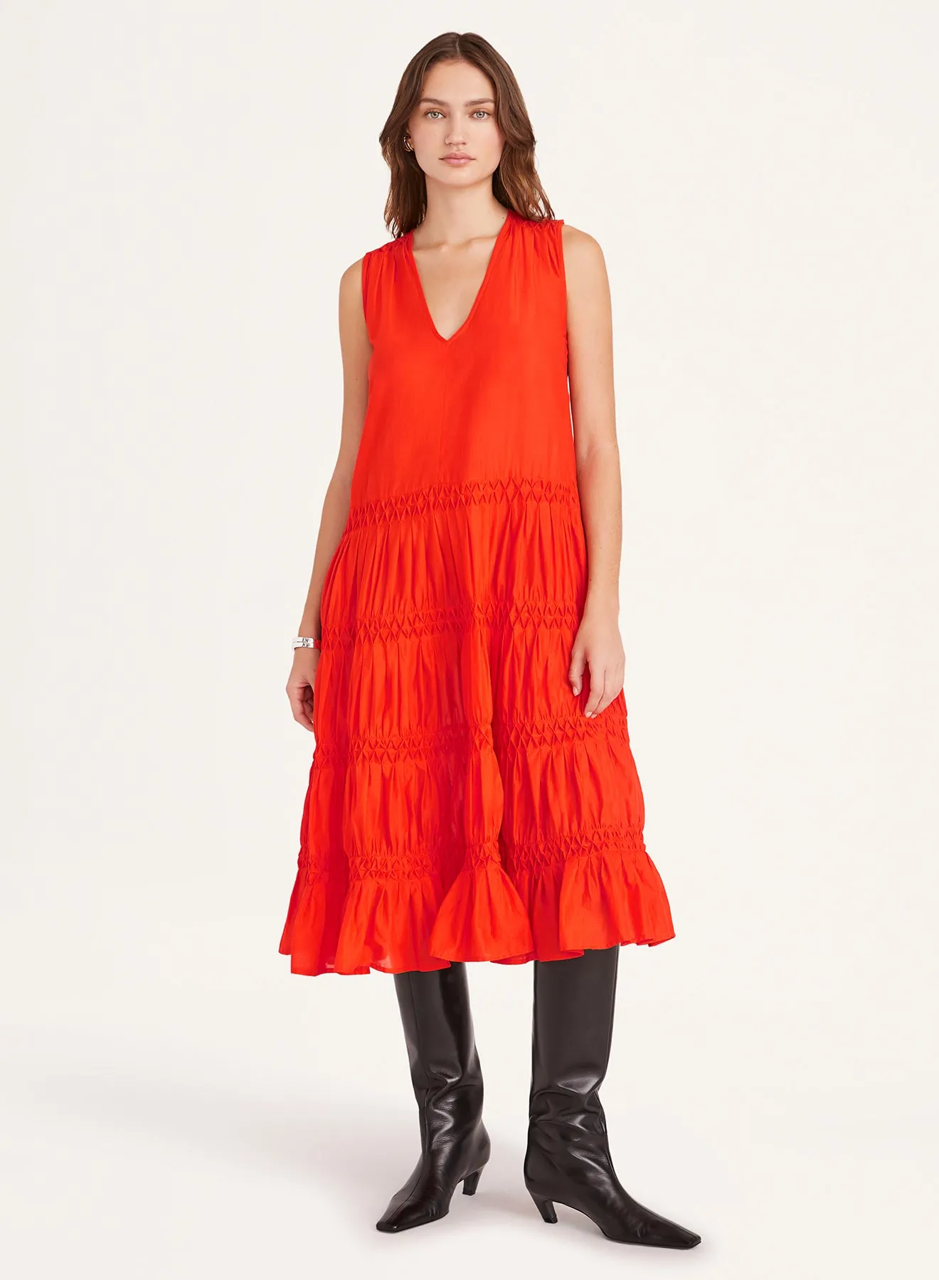 Wallis Smocked Dress in Flame