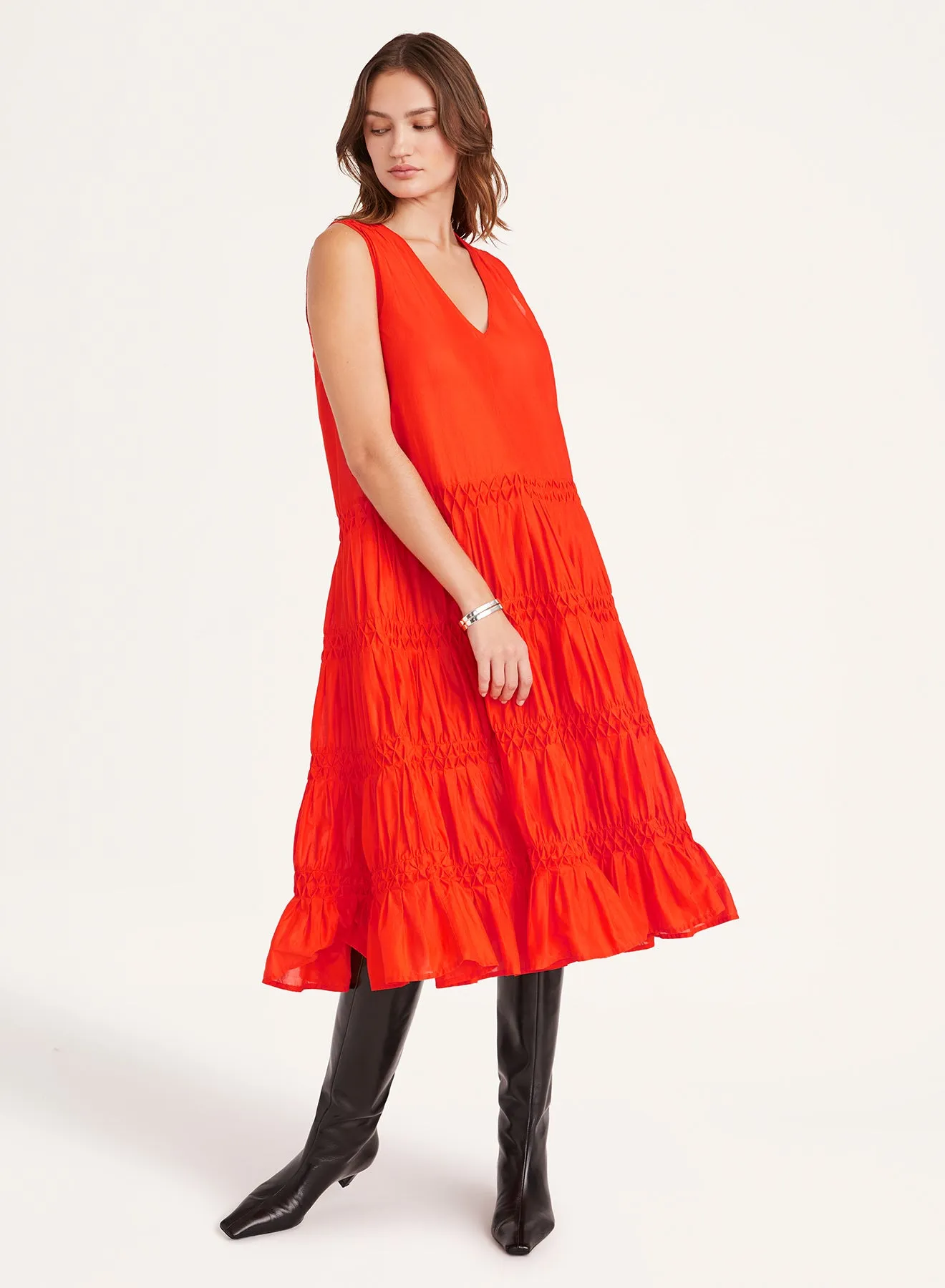 Wallis Smocked Dress in Flame