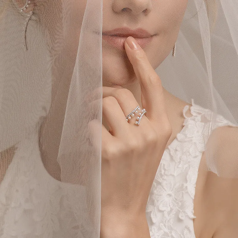 Wedding Ripple Freshwater Pearl Silver Open Ring