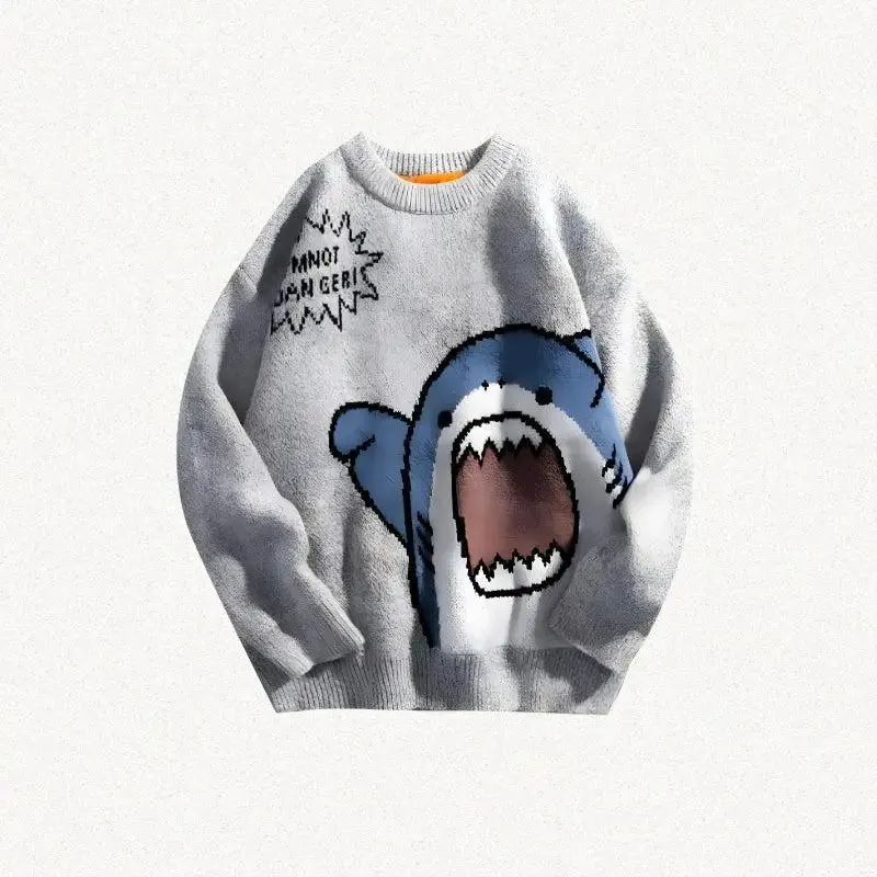 Whimsical Y2K Knitted Sweater with Shark Graphic and Sassy Message