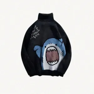 Whimsical Y2K Knitted Sweater with Shark Graphic and Sassy Message